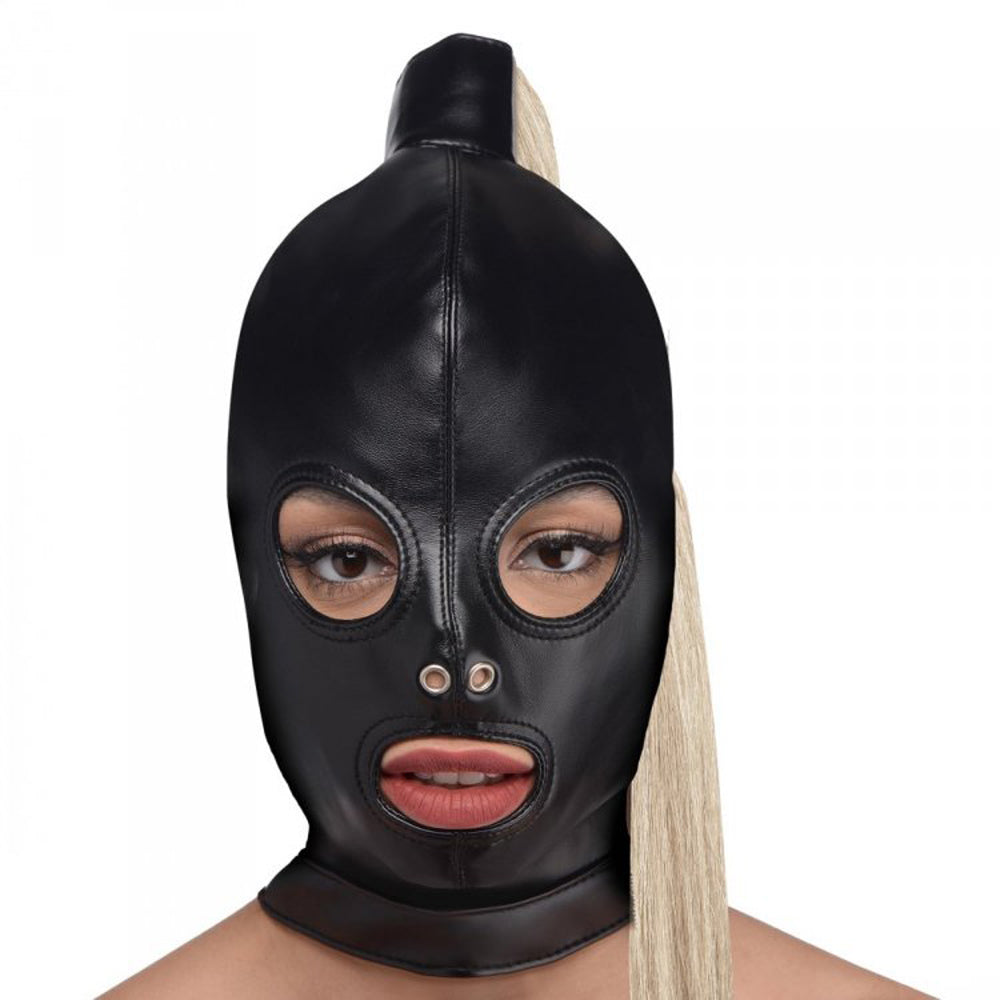 Black leather hood with eye, nose, and mouth openings and a blonde ponytail.