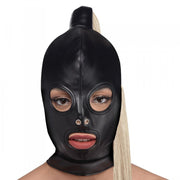 Black leather hood with eye, nose, and mouth openings and a blonde ponytail.