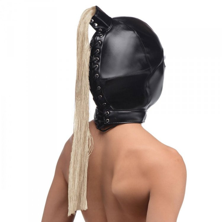 Black leather hood with a blonde ponytail.