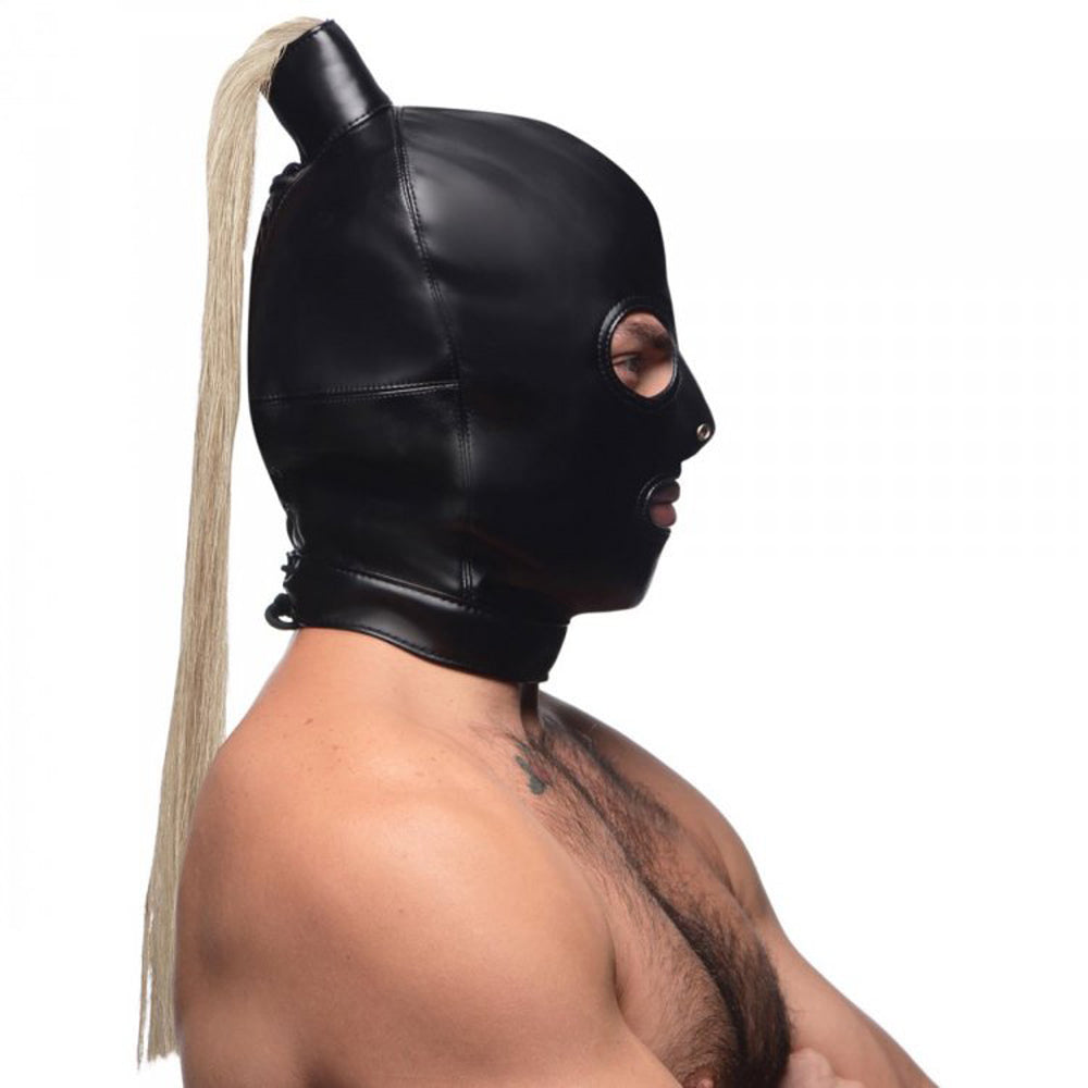 Black leather bondage hood with a blonde ponytail.