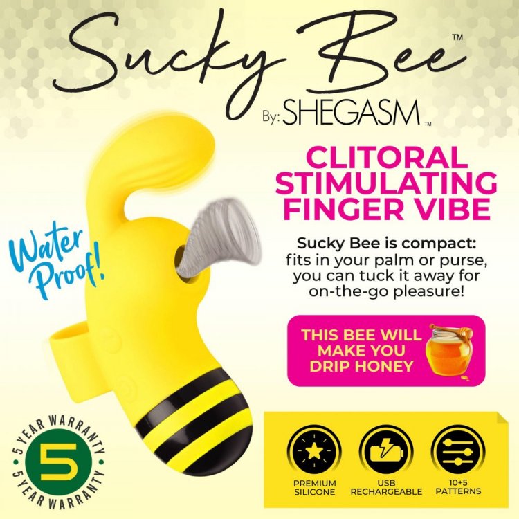 Yellow bee-shaped vibrator with "Water Proof" text and warranty information.