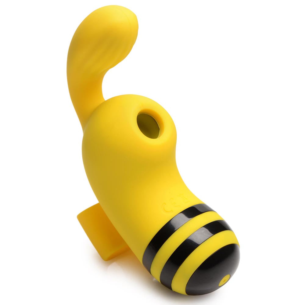 Yellow bee-shaped vibrator with black stripes and a suction hole.
