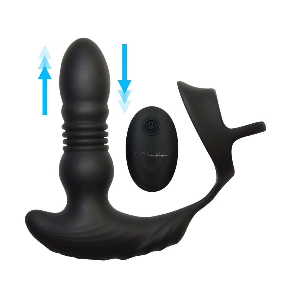 Black silicone anal plug with a remote and a cock ring.