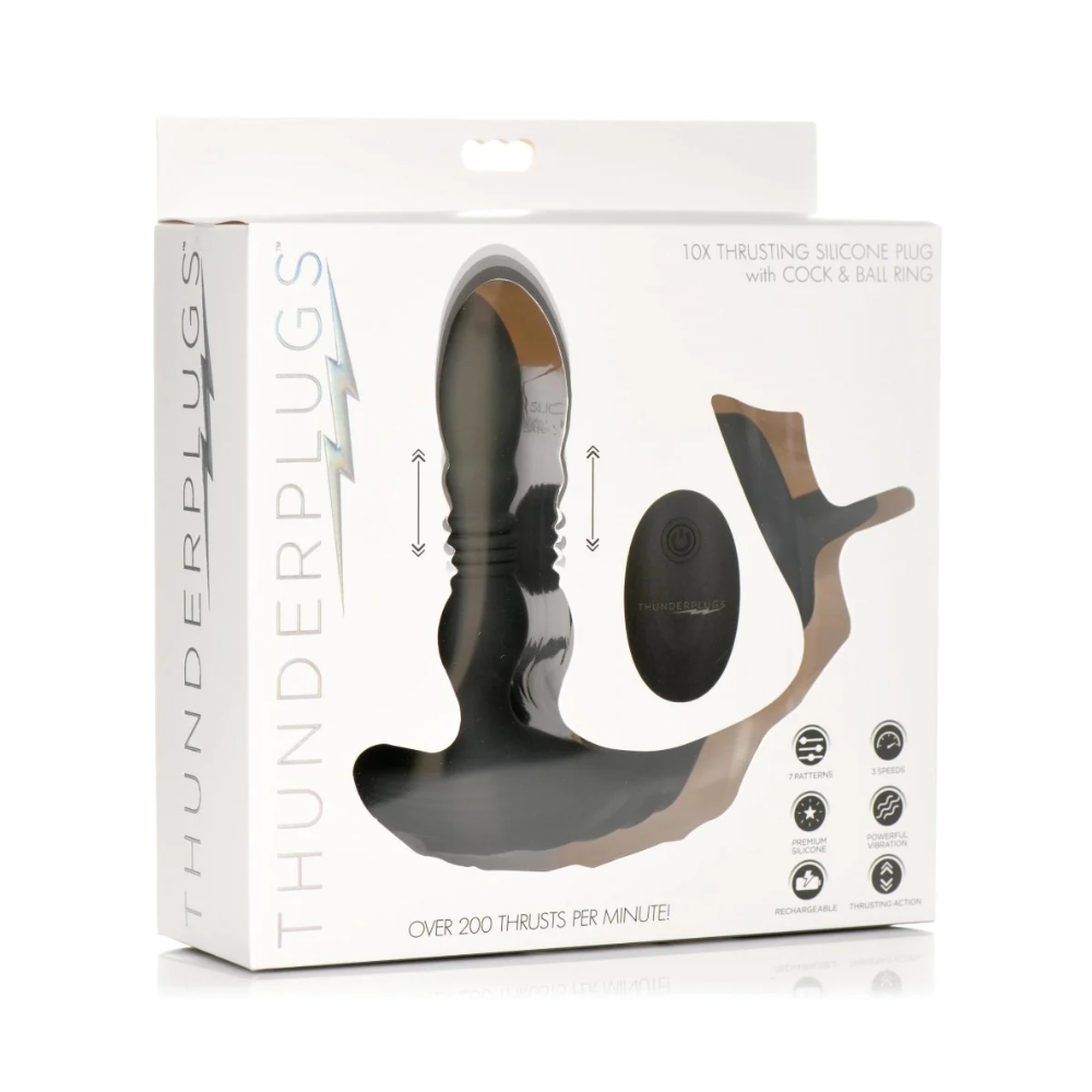 A black silicone anal plug with a cock ring on a white box.