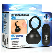 Black silicone vibrating balls with a remote control on a blue and white box.