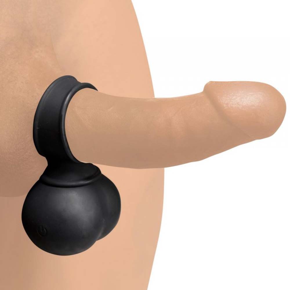 Black silicone vibrating cock ring with balls and remote control.