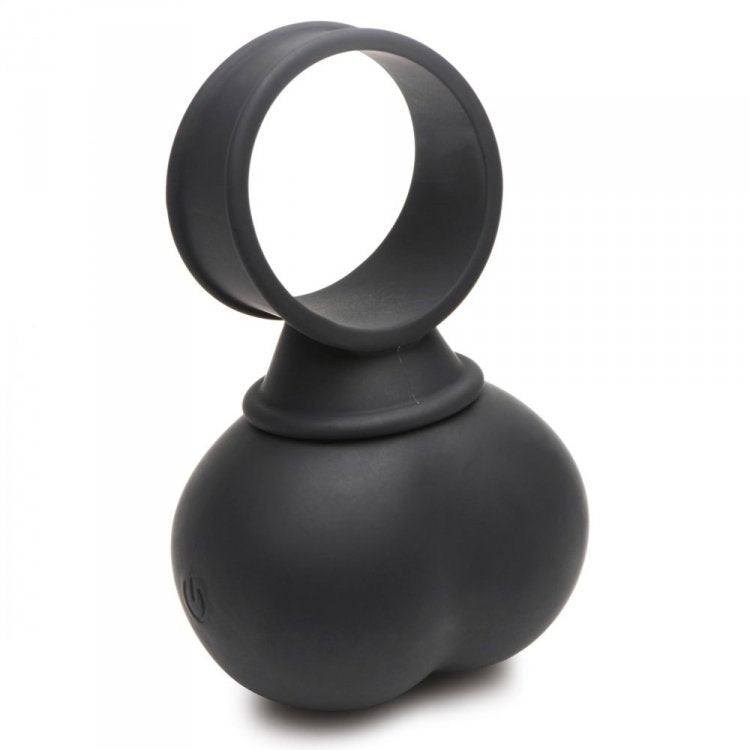 Black silicone vibrating cock ring with a power button.