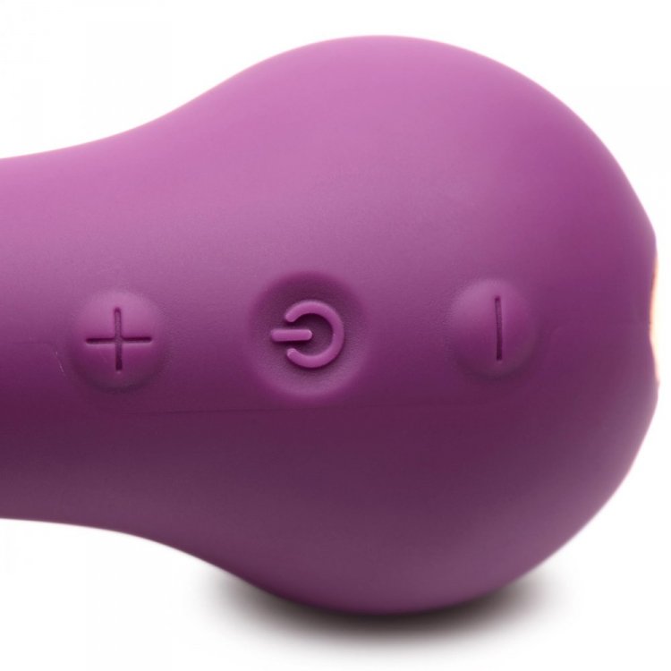 Purple silicone vibrator with power, plus, and minus buttons.