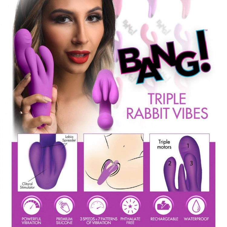Purple triple rabbit vibrator with G-spot stimulator and clitoral stimulator.