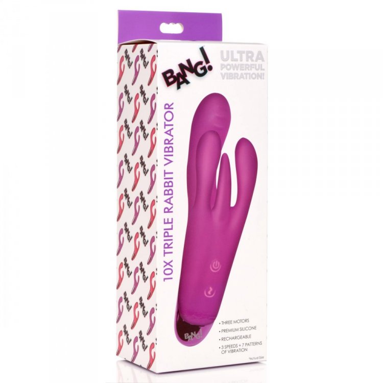 A purple triple rabbit vibrator in its packaging.