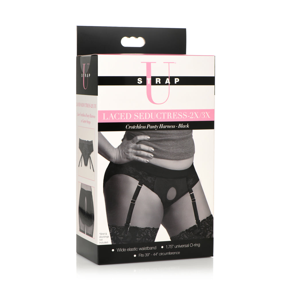Black crotchless panty harness with garters and a cutout.