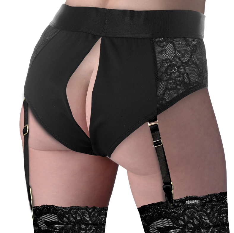 Black crotchless harness panties with lace accents and garter straps.