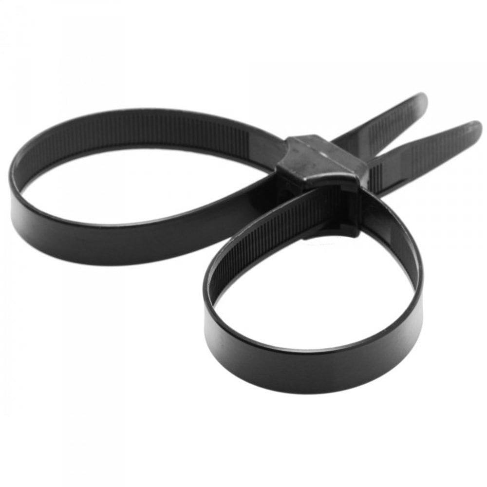 Black zip tie police cuffs with serrated edges.