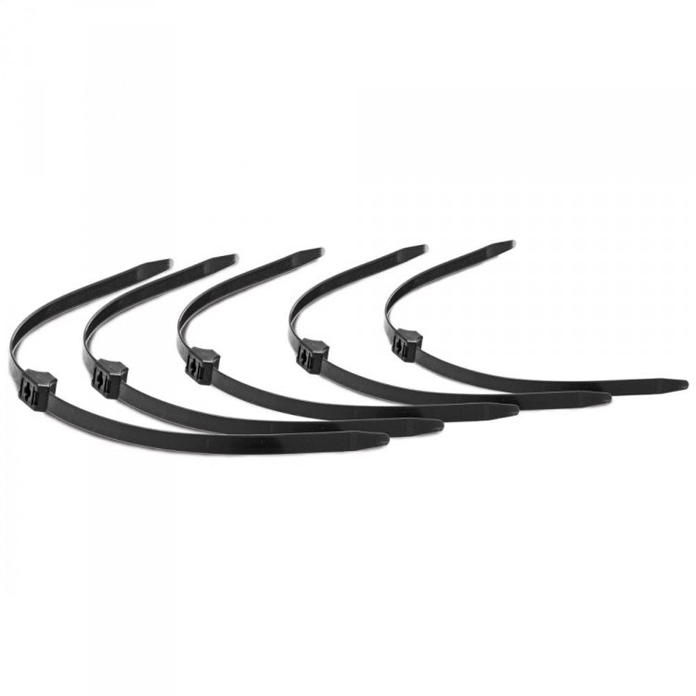 Black zip tie restraints arranged in a curved pattern.