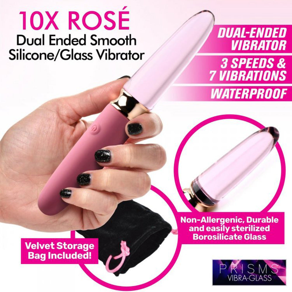 Pink dual-ended vibrator made of glass and silicone with a velvet bag.