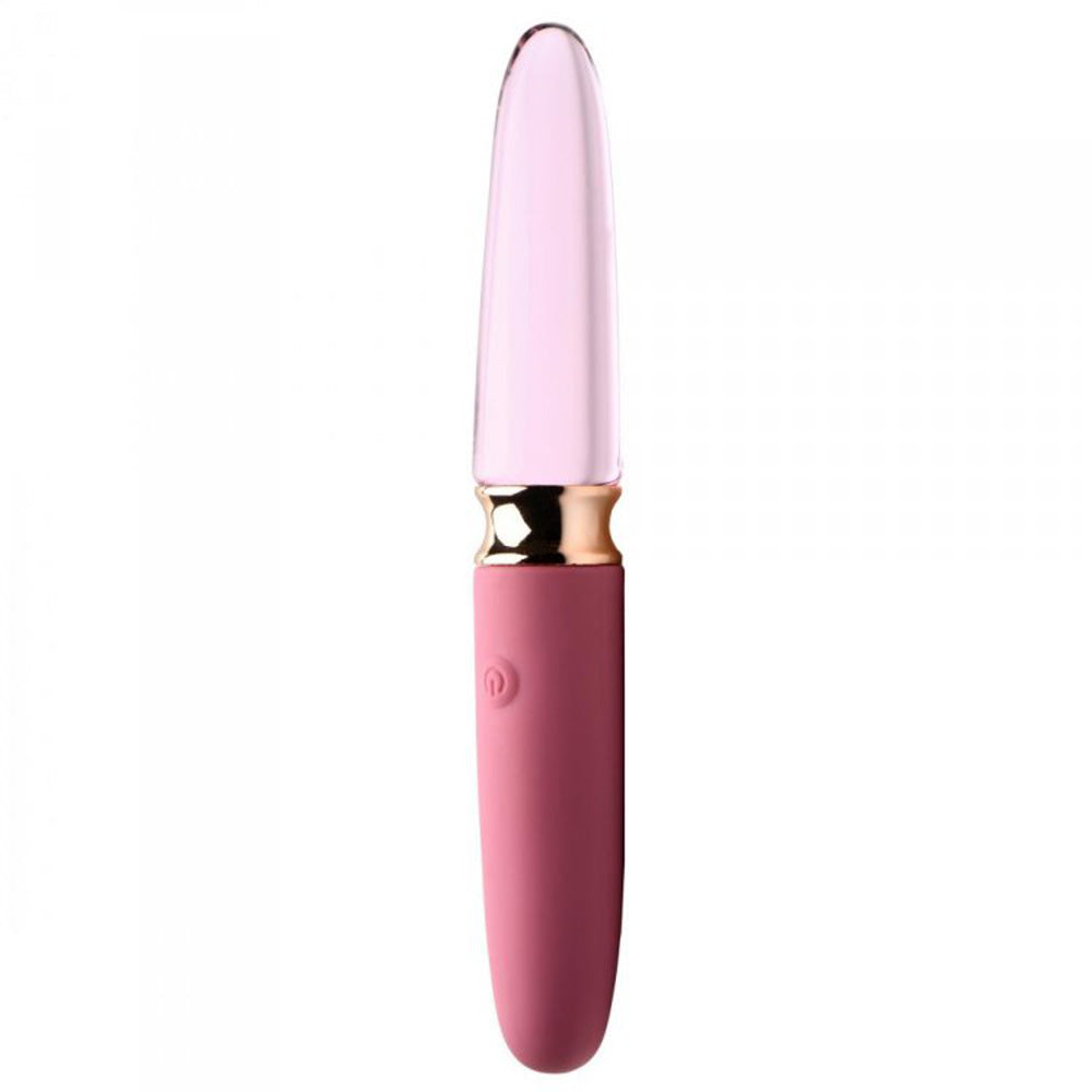 Pink dual-ended vibrator with glass and silicone ends.