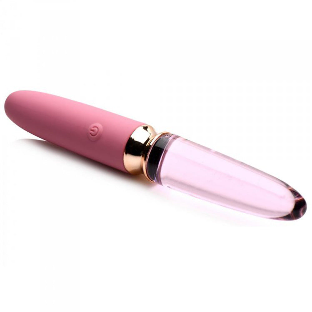 Pink silicone and glass dual-ended vibrator with a power button.