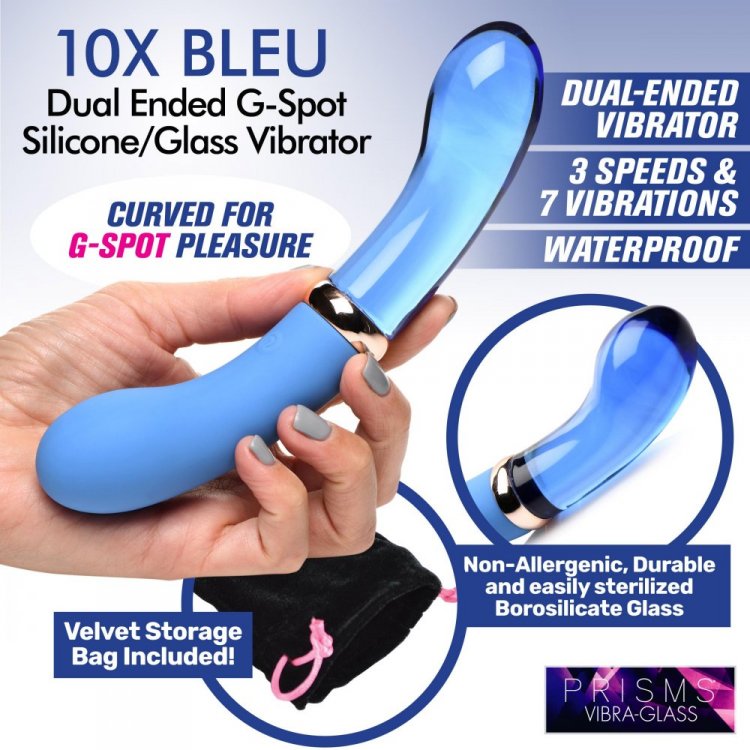 Blue dual-ended silicone and glass G-spot vibrator with velvet storage bag.