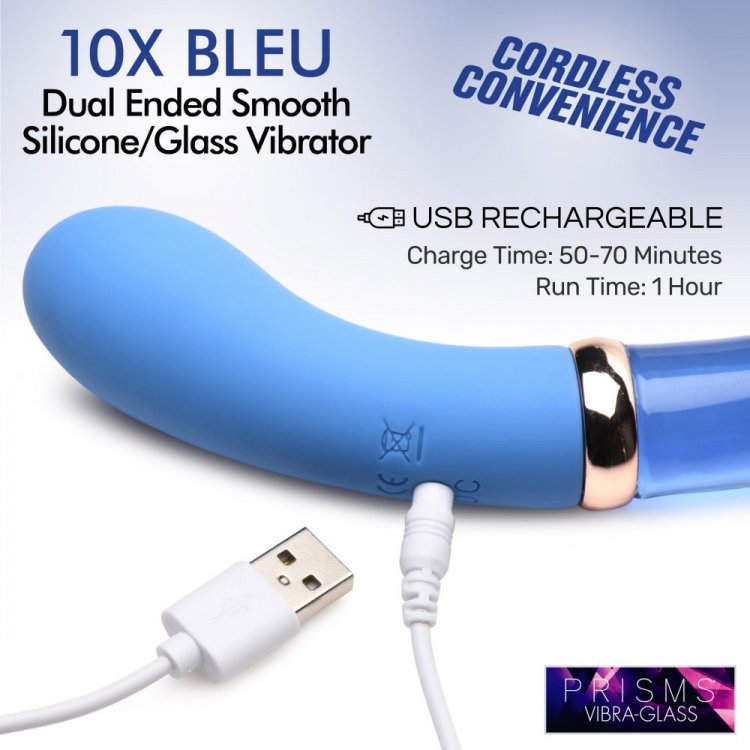 Blue dual-ended silicone and glass vibrator with USB charging cable.