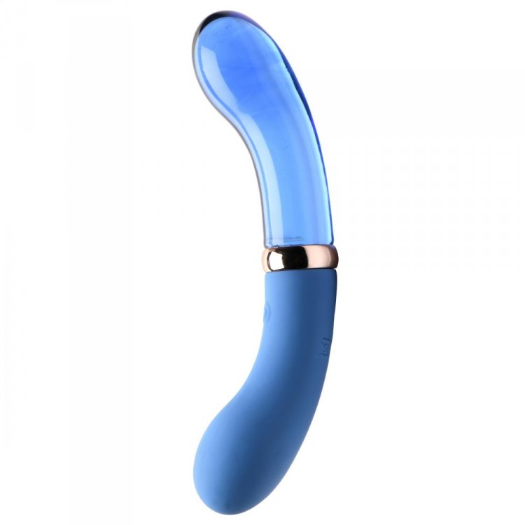 Blue dual-ended vibrator with silicone and glass ends.