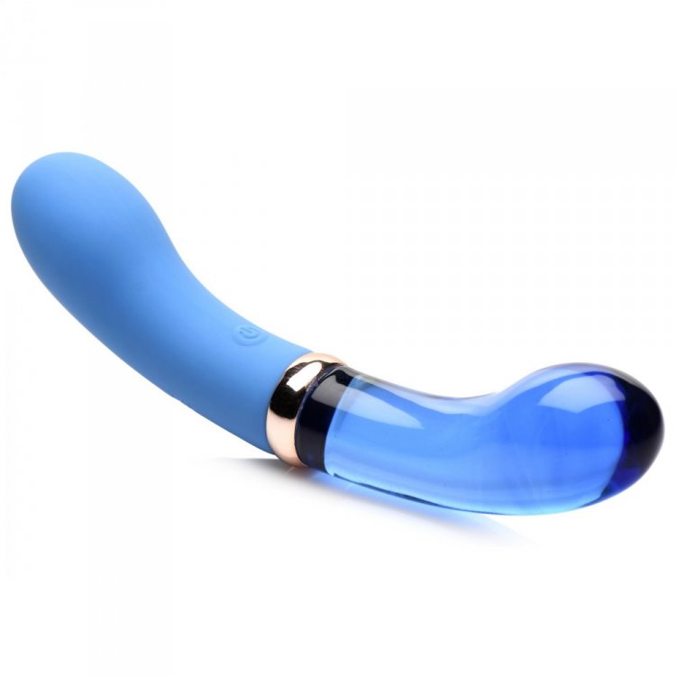 Blue silicone and glass dual-ended vibrator with a curved shaft.