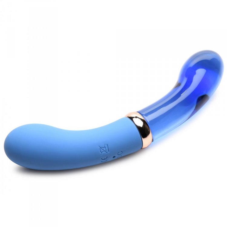 Blue silicone and glass dual-ended vibrator with a curved shaft.