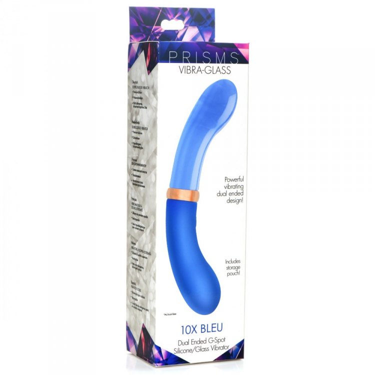 Blue dual-ended silicone and glass vibrator with a curved shaft.