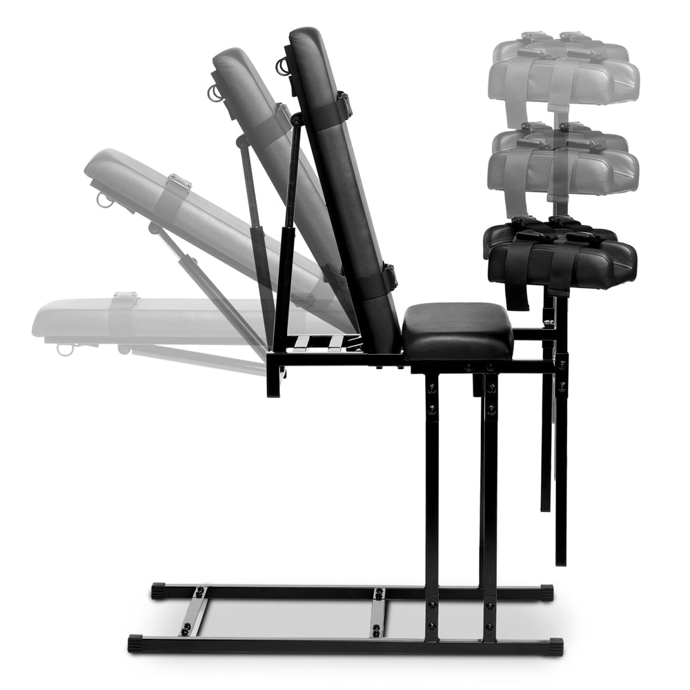 Adjustable black bondage chair with a heavy-duty frame and padded restraints.