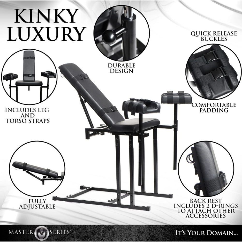 Adjustable bondage chair with heavy duty frame and comfortable padding.