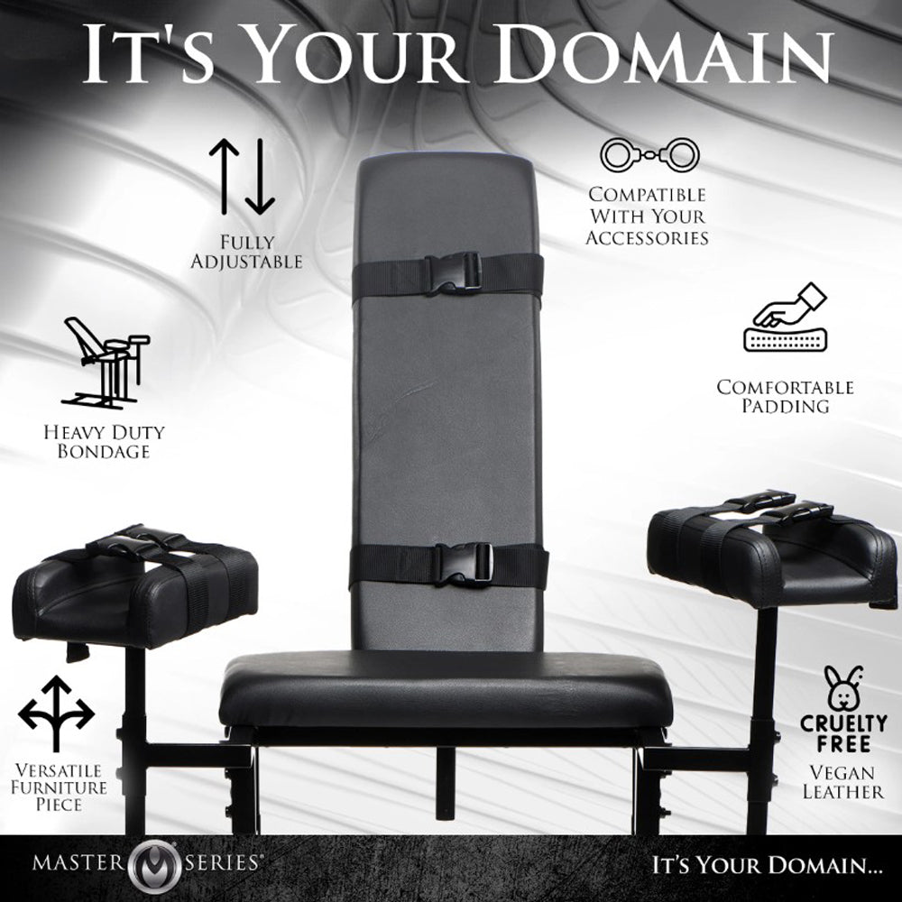 Adjustable bondage chair with heavy duty frame and comfortable padding.