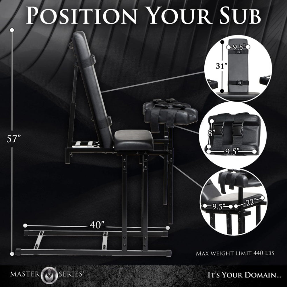 Adjustable black bondage chair with padded restraints and metal frame.