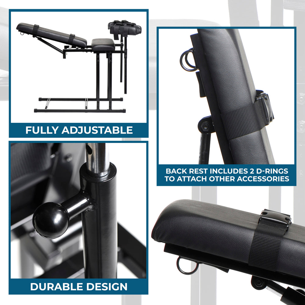 Adjustable black bondage chair with a heavy-duty frame and padded rests.