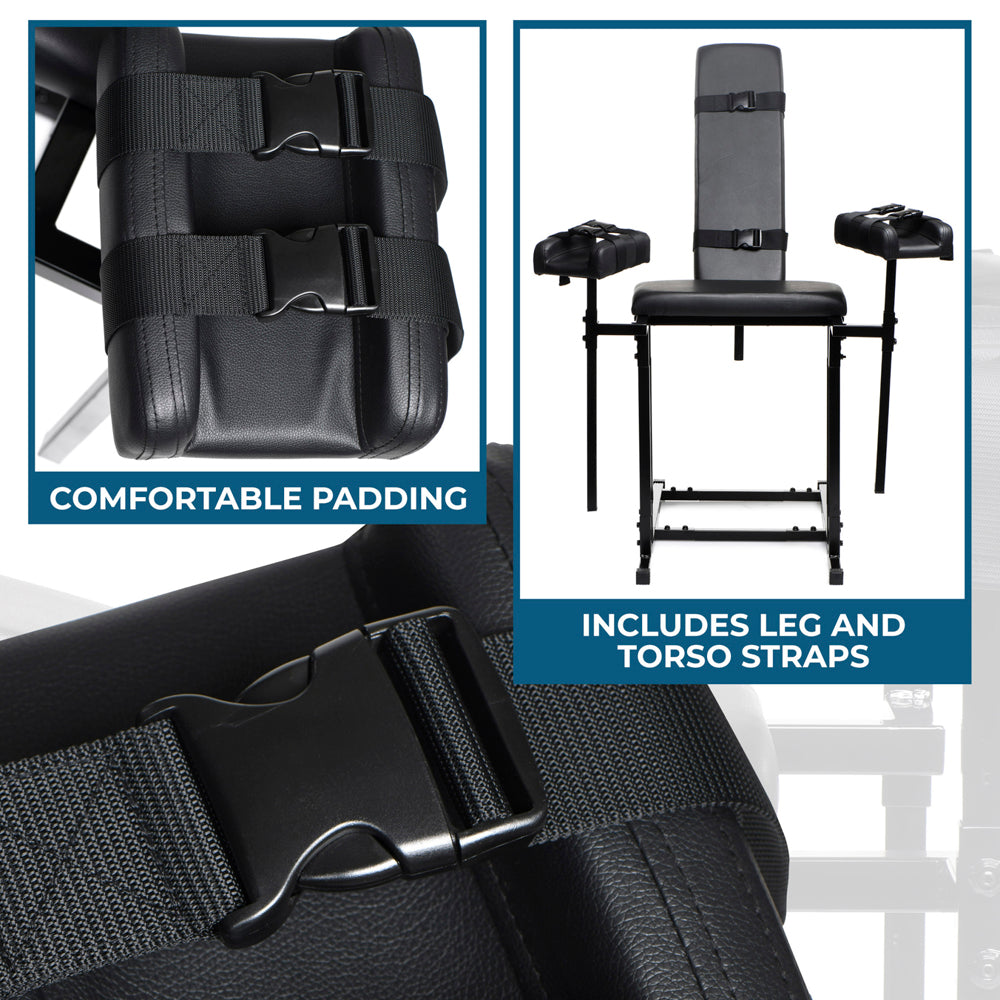 Adjustable bondage chair with comfortable padding and leg and torso straps.