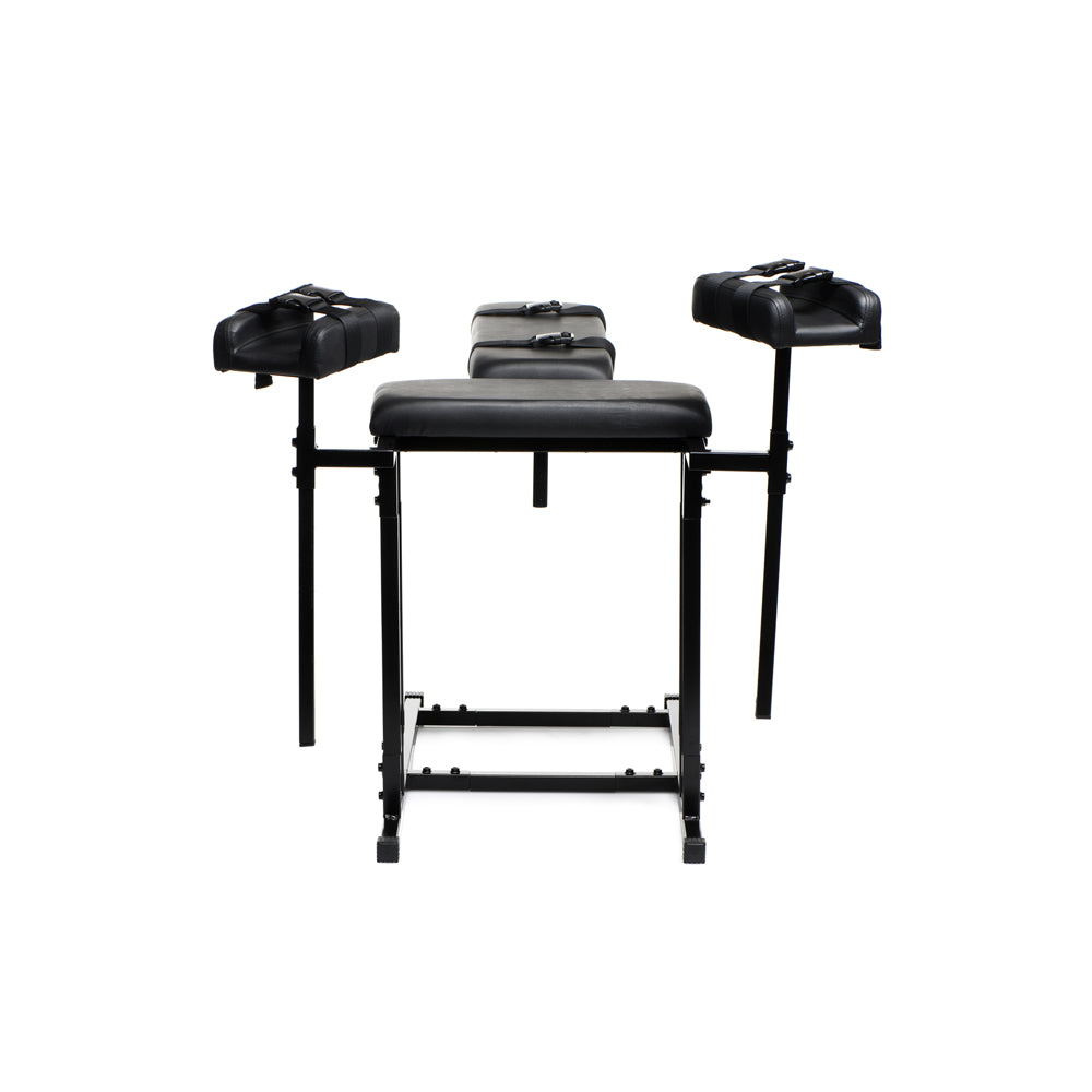 Black adjustable bondage chair with padded seats and arm restraints.