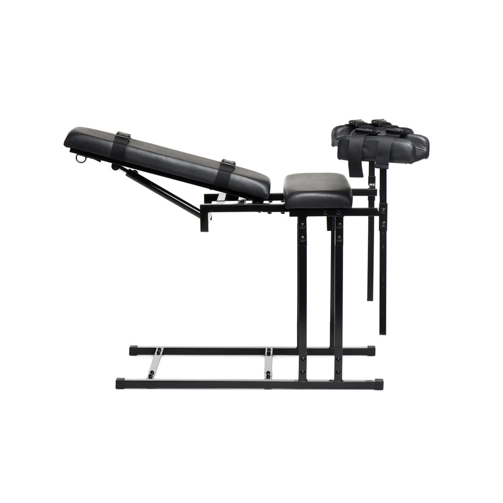 Adjustable black bondage chair with padded seats and straps.