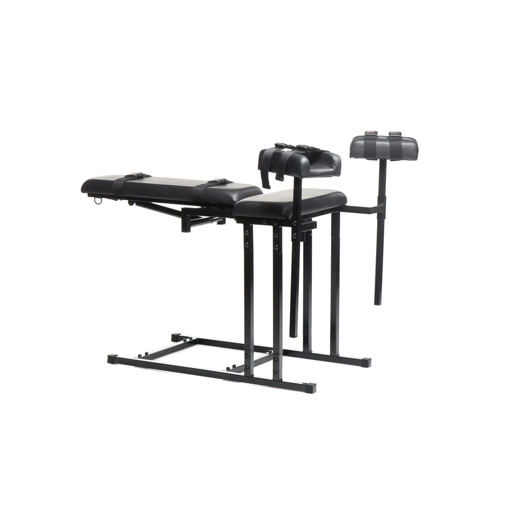 Adjustable black bondage chair with padded seats and straps.