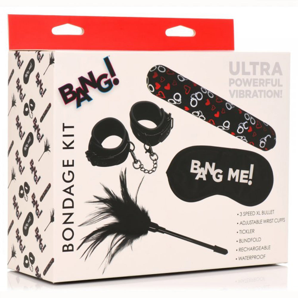 Bang! 4-piece bondage kit with vibrator, wrist cuffs, tickler, and blindfold.