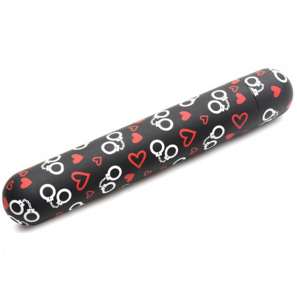Black vibrator with red hearts and handcuffs pattern.