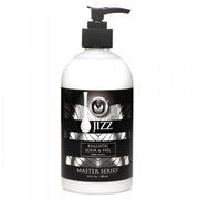 A white pump bottle of Jizz Master Series unscented body glide.