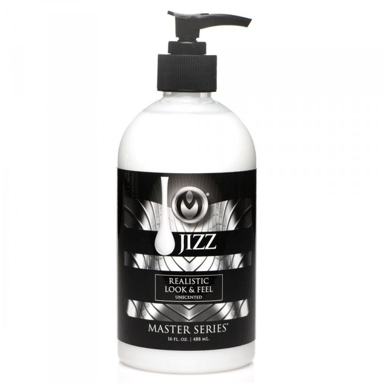 A white pump bottle of Jizz Master Series unscented body glide.