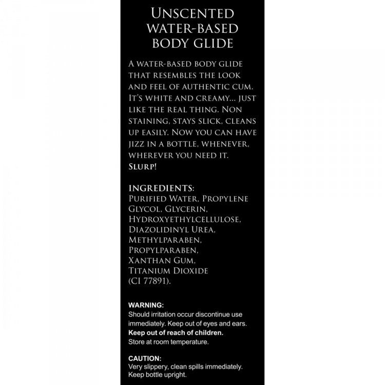 Unscented water-based body glide with ingredients and warnings.