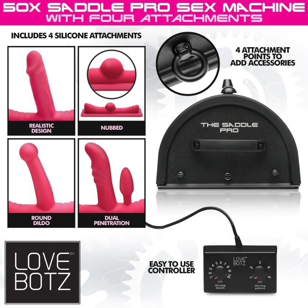Saddle Pro Sex Machine with four silicone attachments and remote controller.