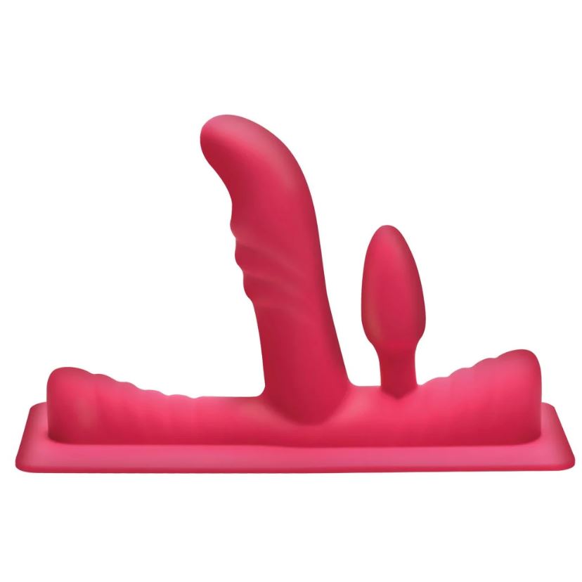 A pink sex machine with a curved attachment and a smaller pointed attachment on a rectangular base.