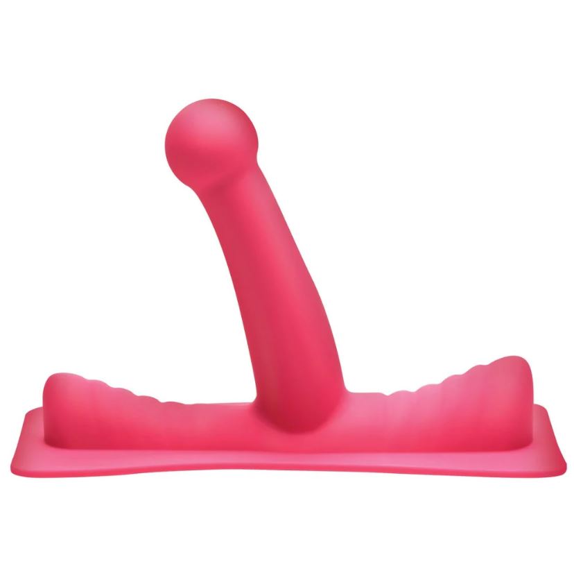 A pink sex machine with a curved shaft and a wide base.