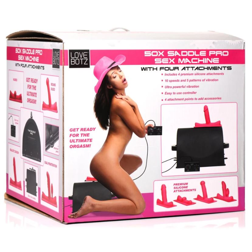 Saddle Pro Sex Machine with four silicone attachments and remote.