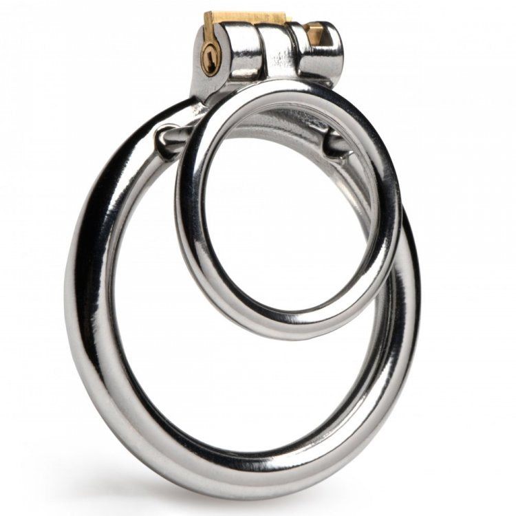 Stainless steel locking cock and ball ring set with gold lock.