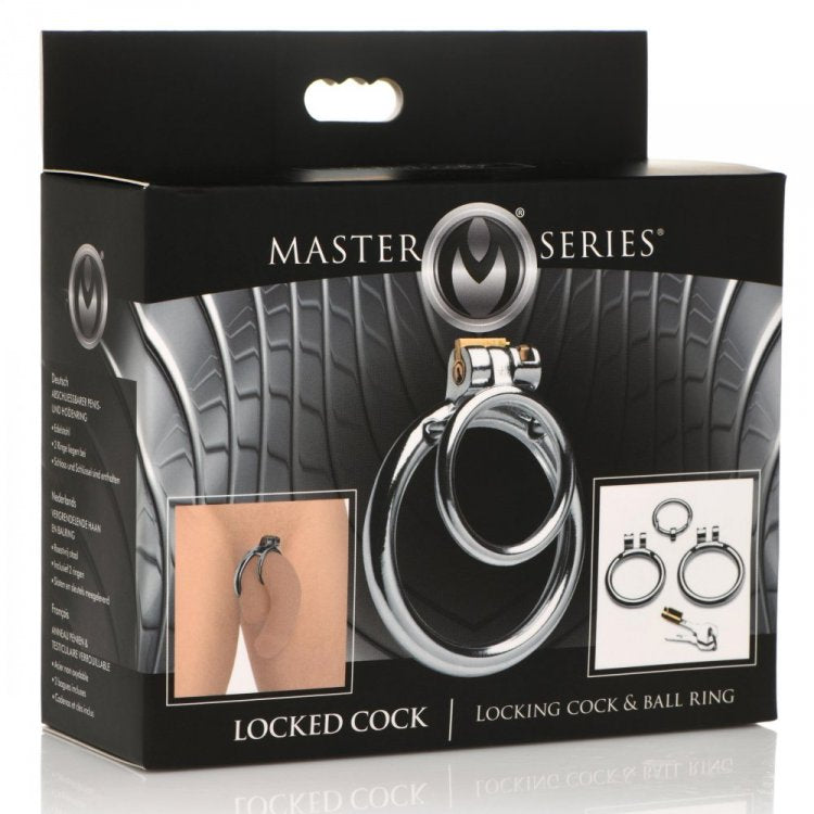Stainless steel locking cock and ball ring set with a cage and key.