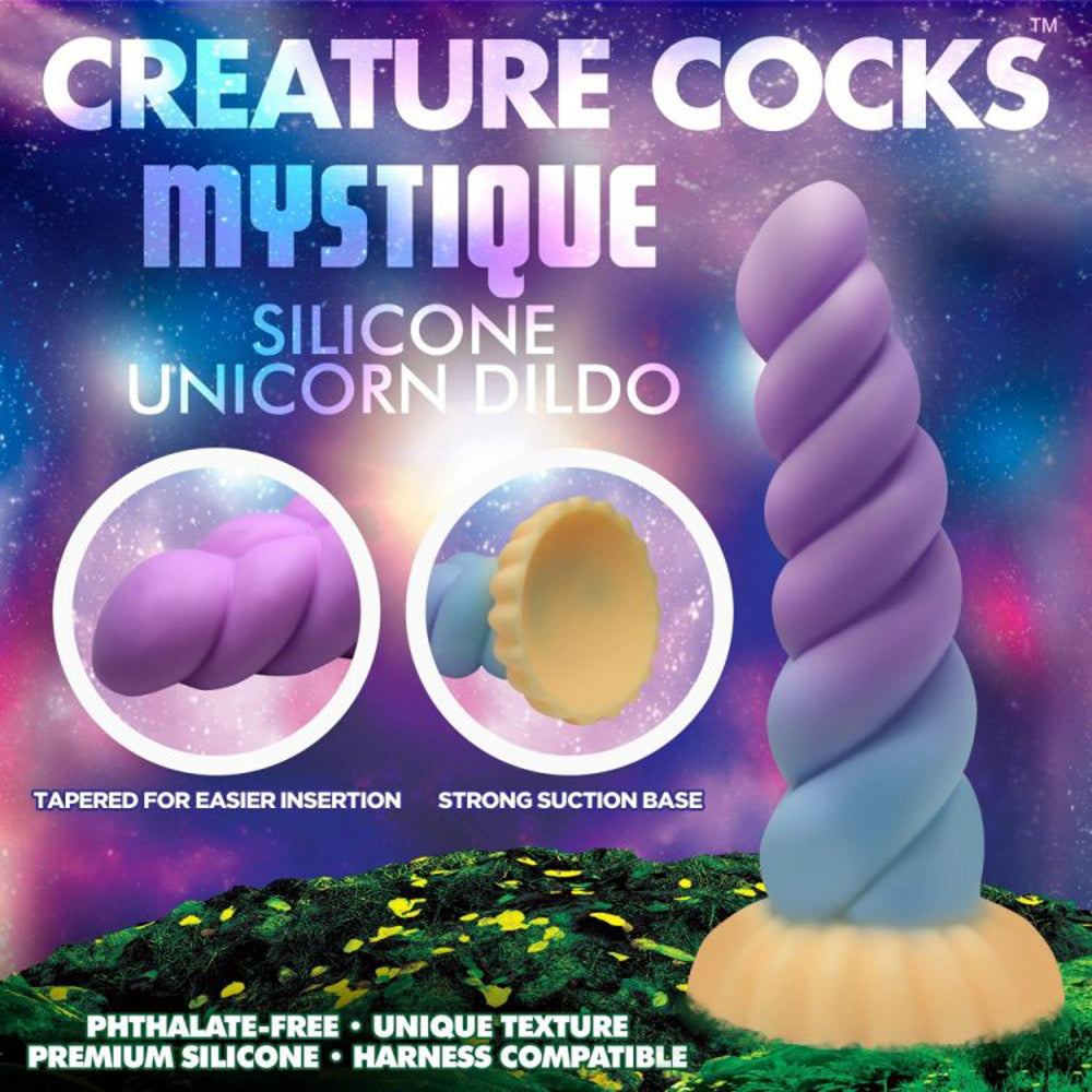 A purple and blue swirled unicorn horn dildo with a suction cup base.