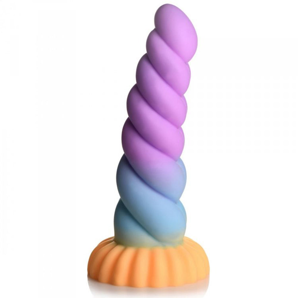 A twisted unicorn horn dildo with a fluted base in purple, blue, and orange.
