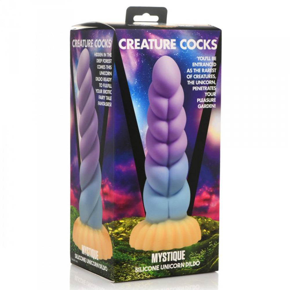 A silicone unicorn dildo with a swirled horn design in purple, blue, and orange.